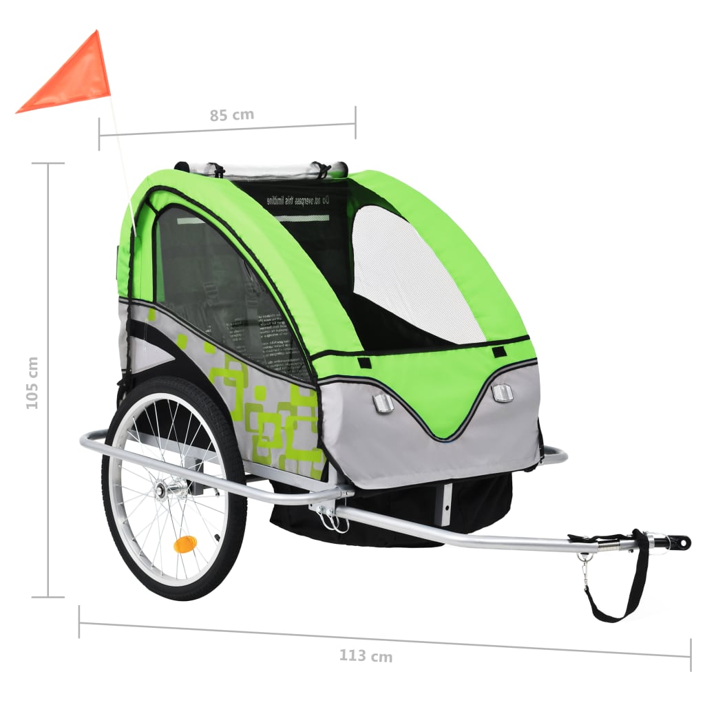 2-in-1 Bike Trailer & Stroller Green and Grey