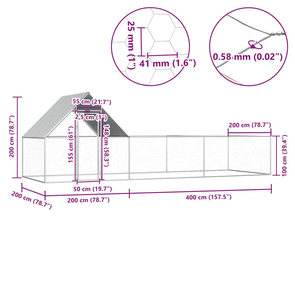 Chicken Coop 6x2x2 m Galvanised Steel