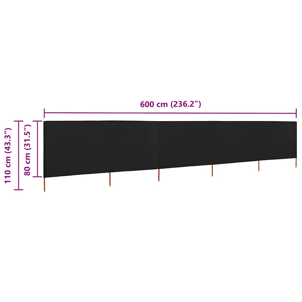 5-panel Wind Screen Fabric 600x80 cm Black