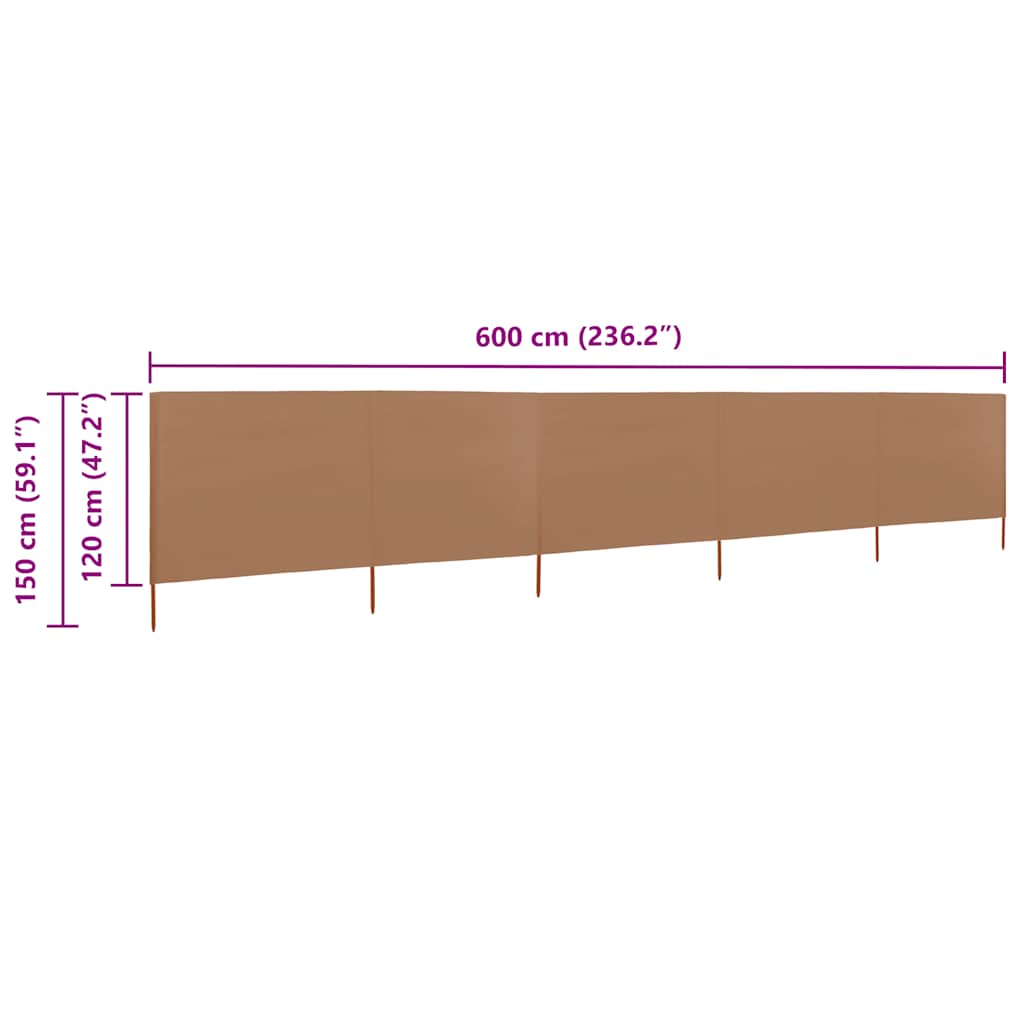 5-panel Wind Screen Fabric 600x120 cm Taupe