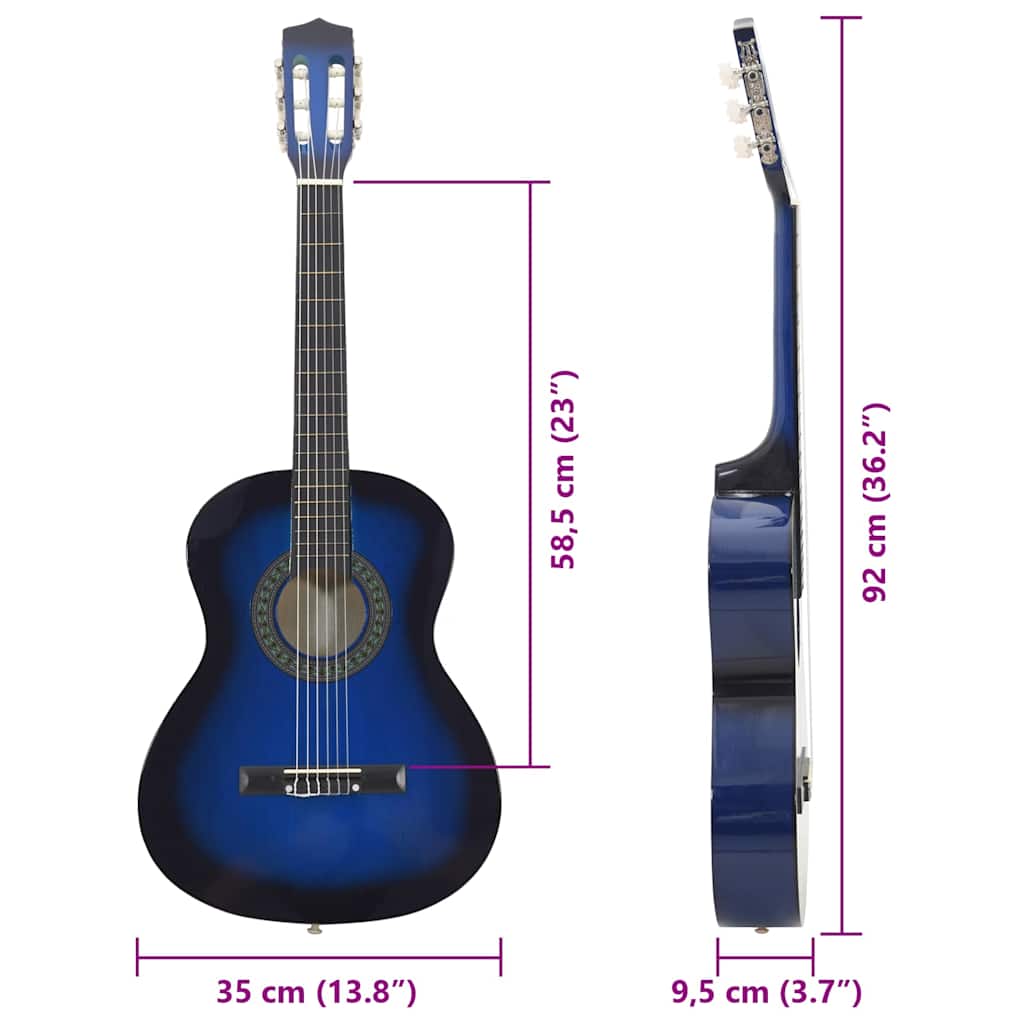 8 Piece Classical Guitar Beginner Set Blue 3/4 36"