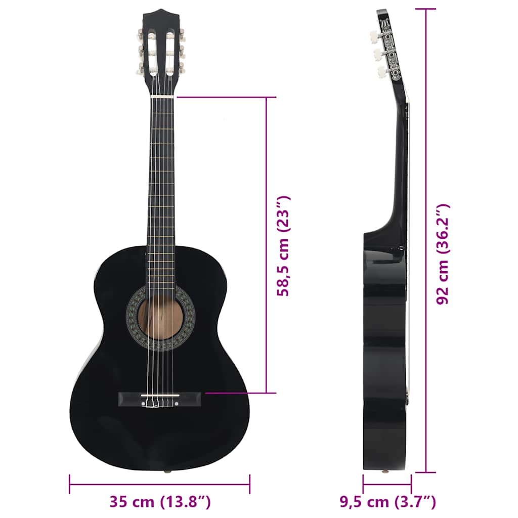 8 Piece Classical Guitar Beginner Set Black 3/4 36"