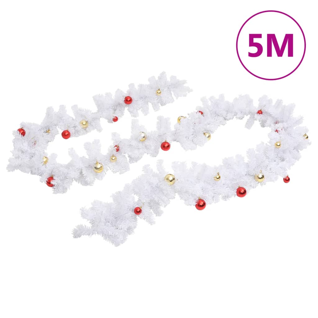 Christmas Garland Decorated with Baubles White 5 m