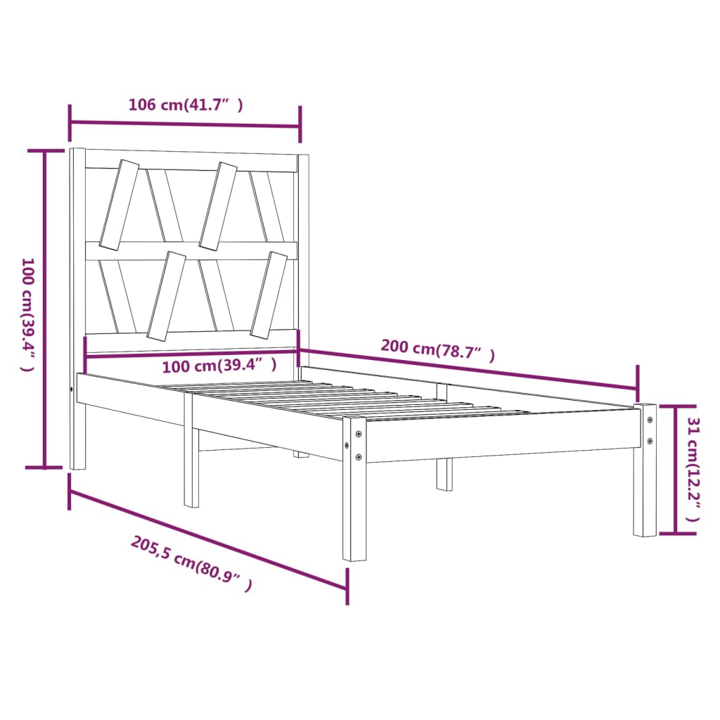 3103991 vidaXL Bed Frame without Mattress Honey Brown Solid Wood 100x200 cm (810010+818608)