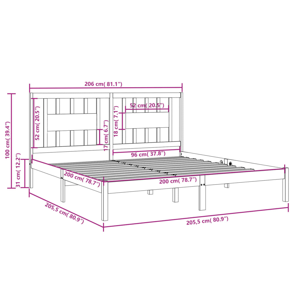 3104085 vidaXL Bed Frame without Mattress Grey Solid Wood 200x200 cm (810039+818692)