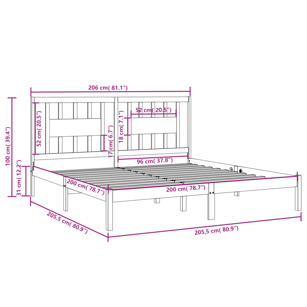3104087 vidaXL Bed Frame without Mattress Black Solid Wood 200x200 cm (810041+818694)