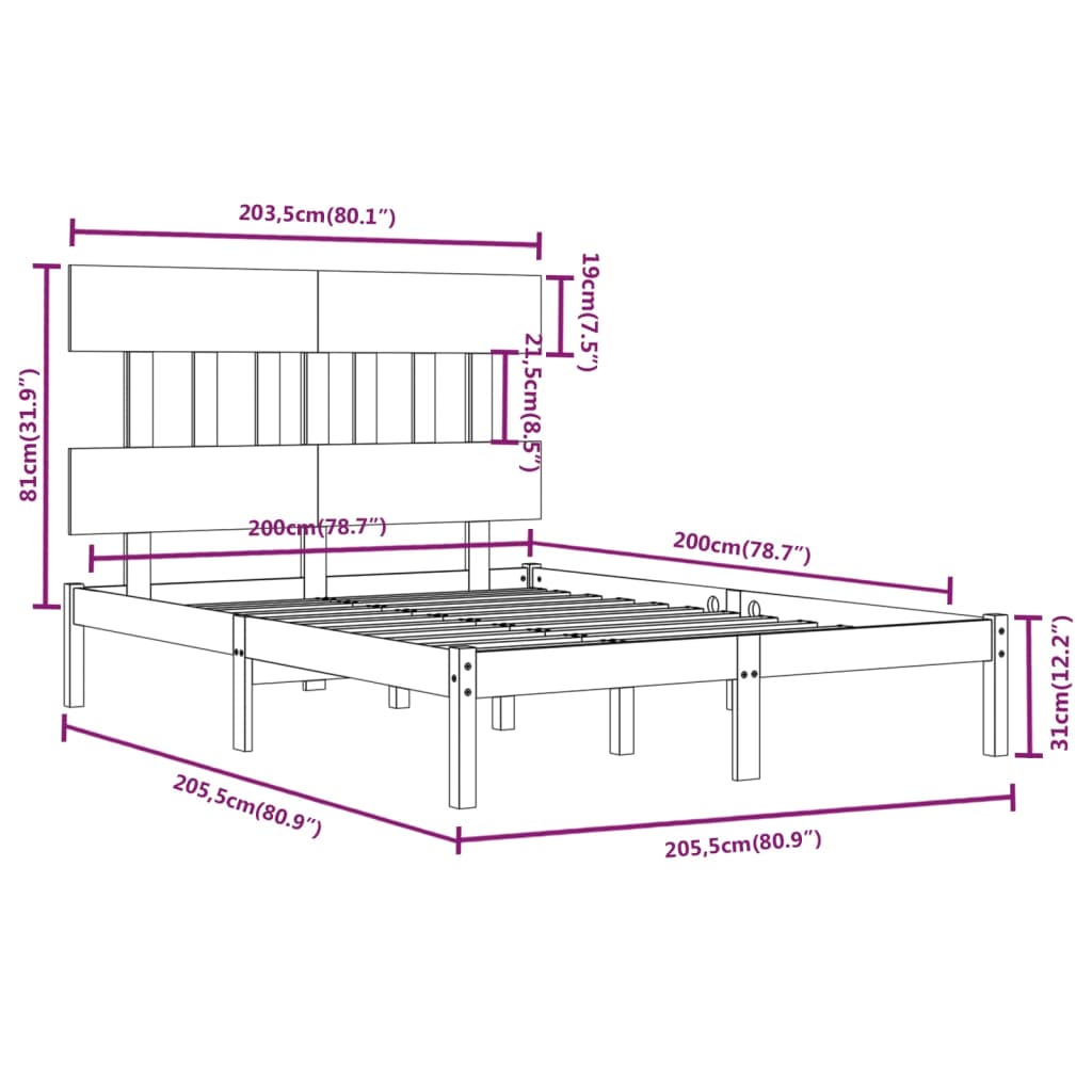 3104759 vidaXL Bed Frame without Mattress White 200x200 cm Solid Wood