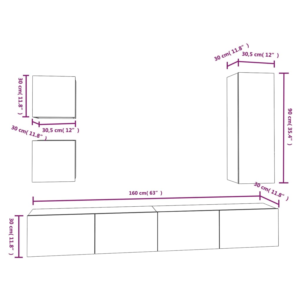 5 Piece TV Cabinet Set Black Engineered Wood