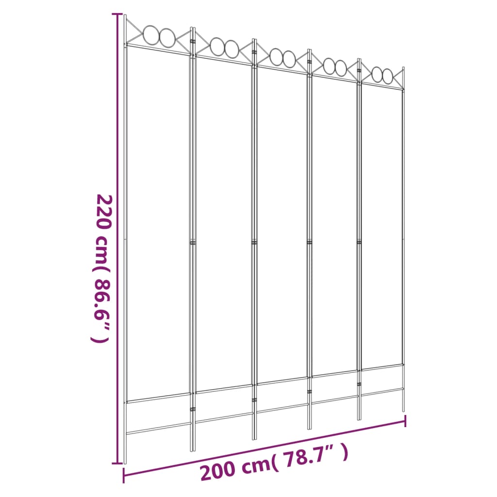 5-Panel Room Divider White 200x220 cm Fabric