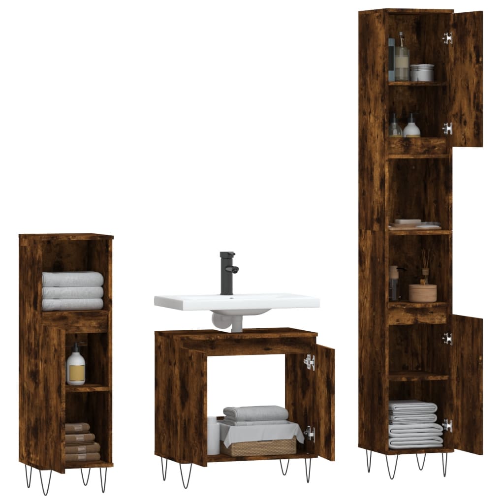 3 Piece Bathroom Cabinet Set Smoked Oak Engineered Wood