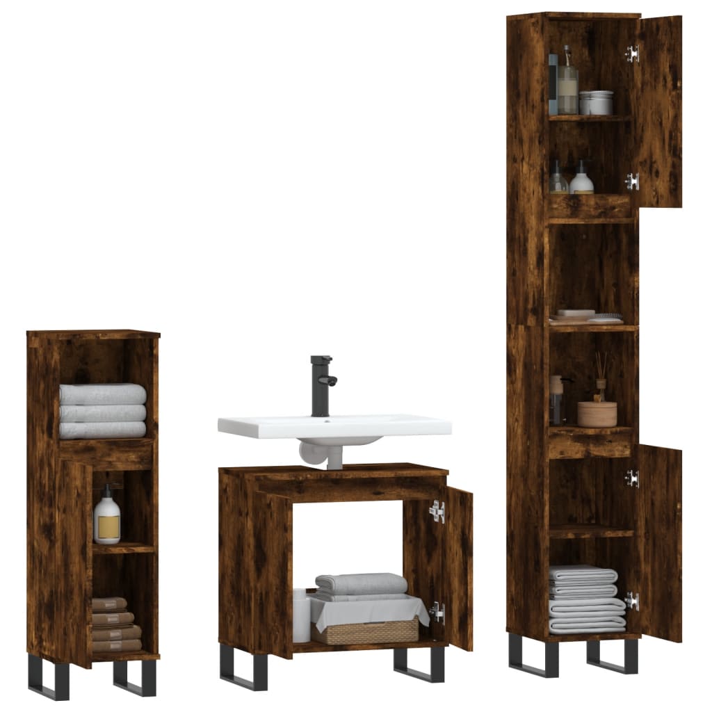 3 Piece Bathroom Cabinet Set Smoked Oak Engineered Wood