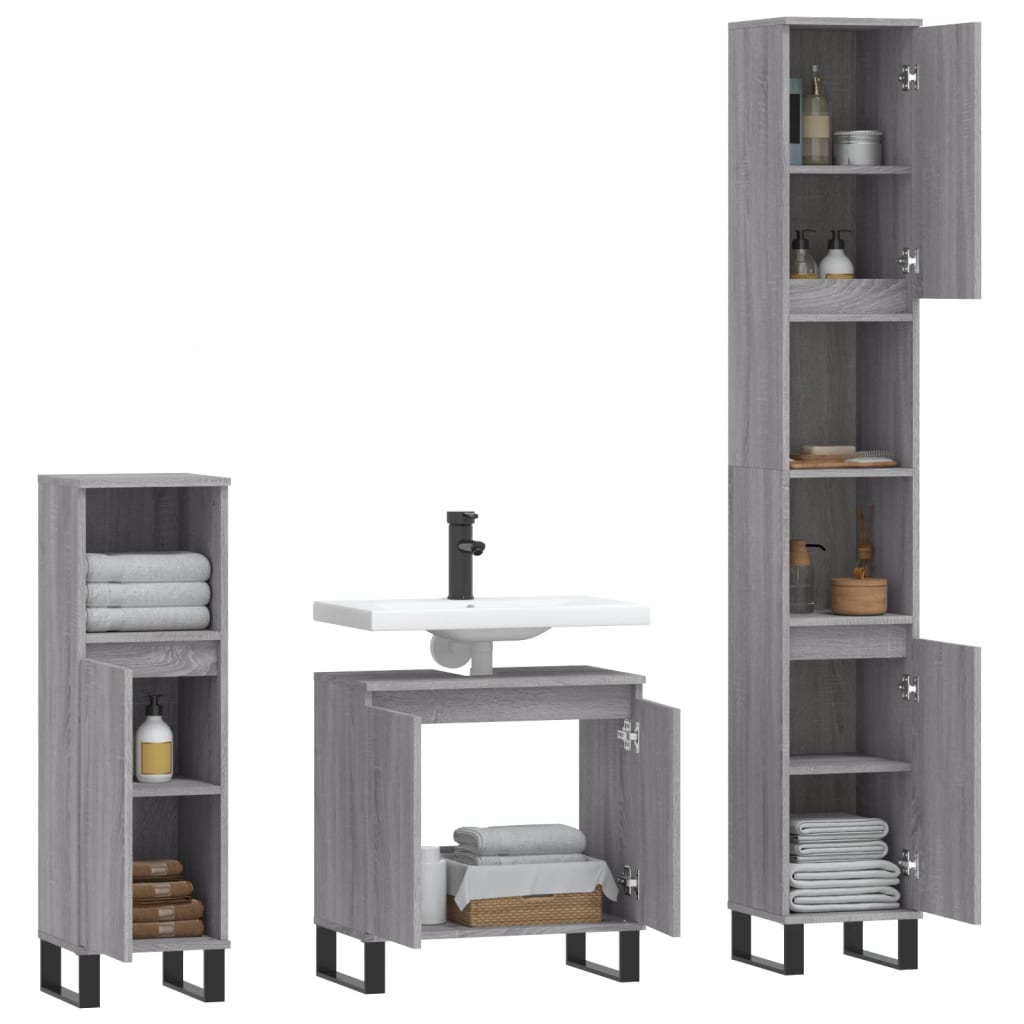 3 Piece Bathroom Cabinet Set Grey Sonoma Engineered Wood