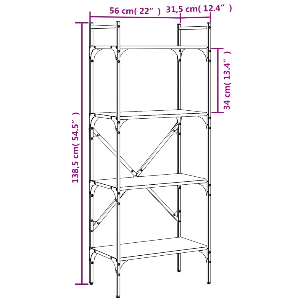 Bookcase 4-Tier Black 56x31.5x138.5 cm Engineered Wood