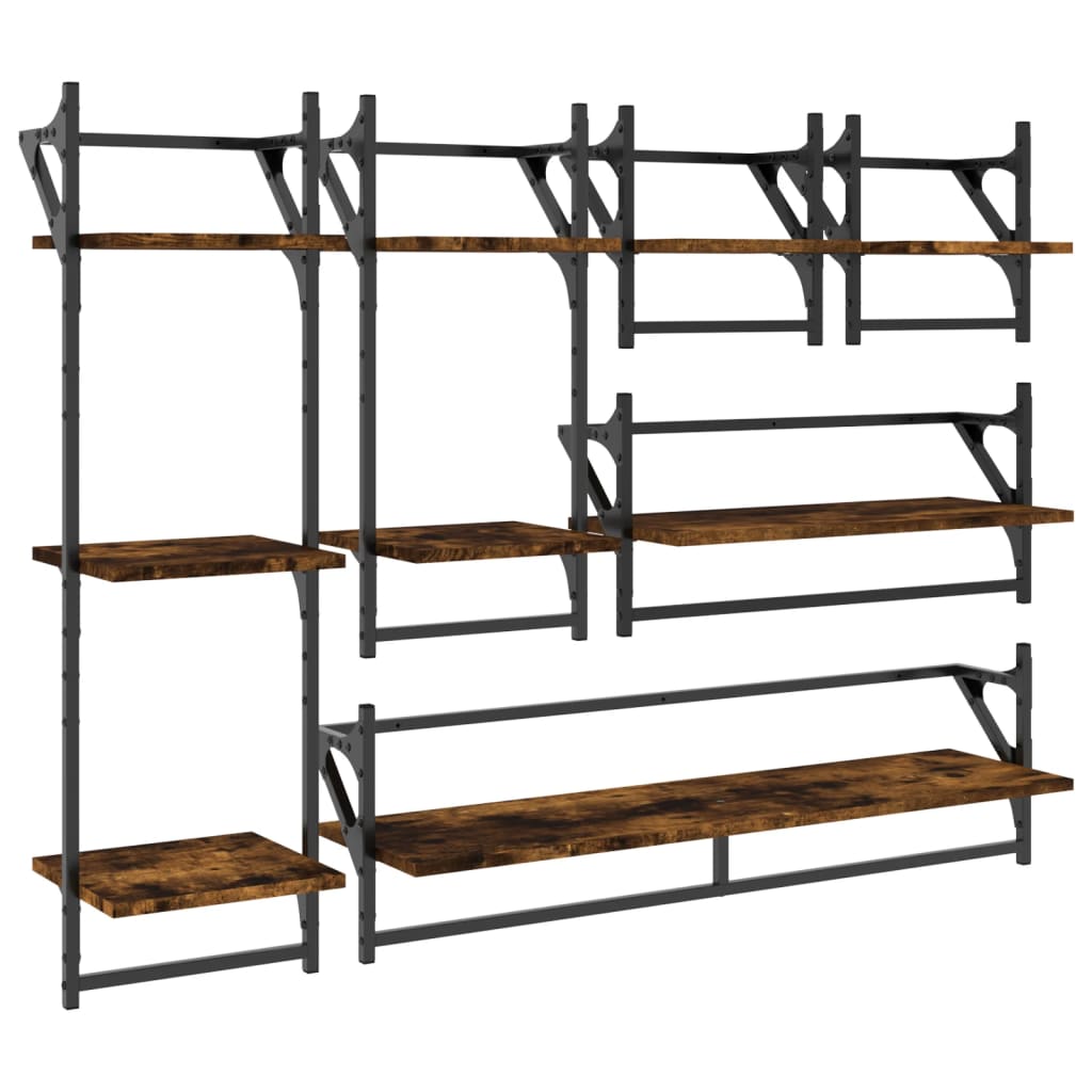 6 Piece Wall Shelf Set with Bars Smoked Oak Engineered Wood