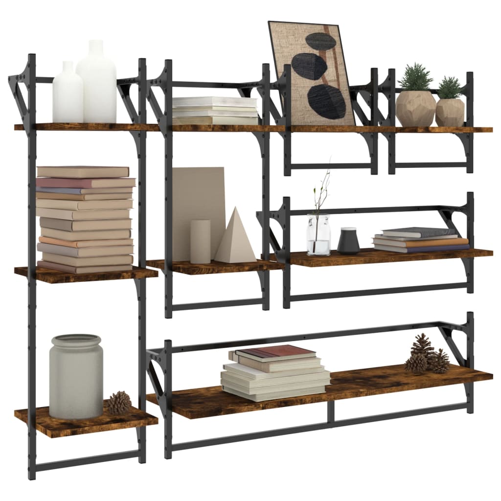 6 Piece Wall Shelf Set with Bars Smoked Oak Engineered Wood