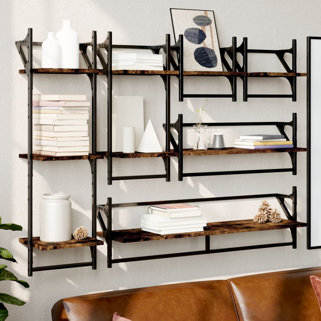 6 Piece Wall Shelf Set with Bars Smoked Oak Engineered Wood