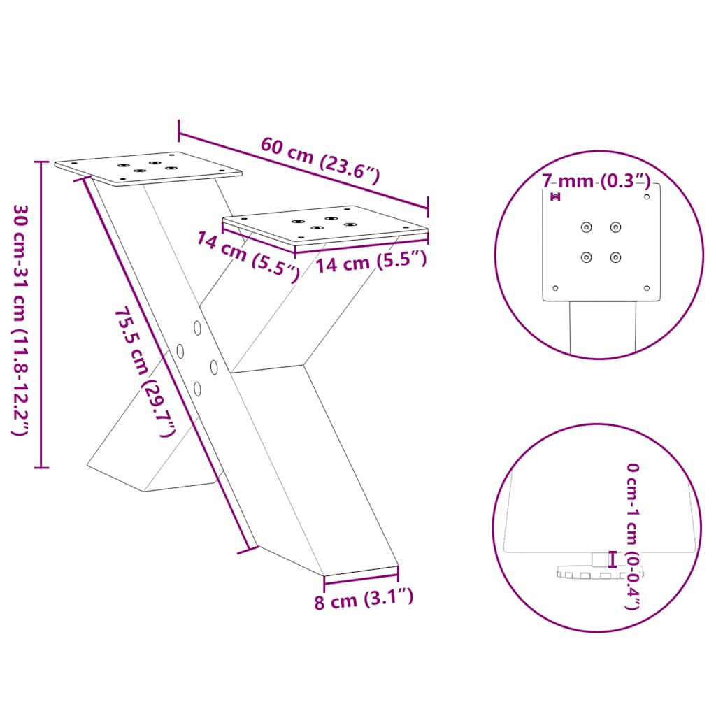 Coffee Table Legs X-Shaped 2 pcs Natural Steel 60x(30-31) cm Steel