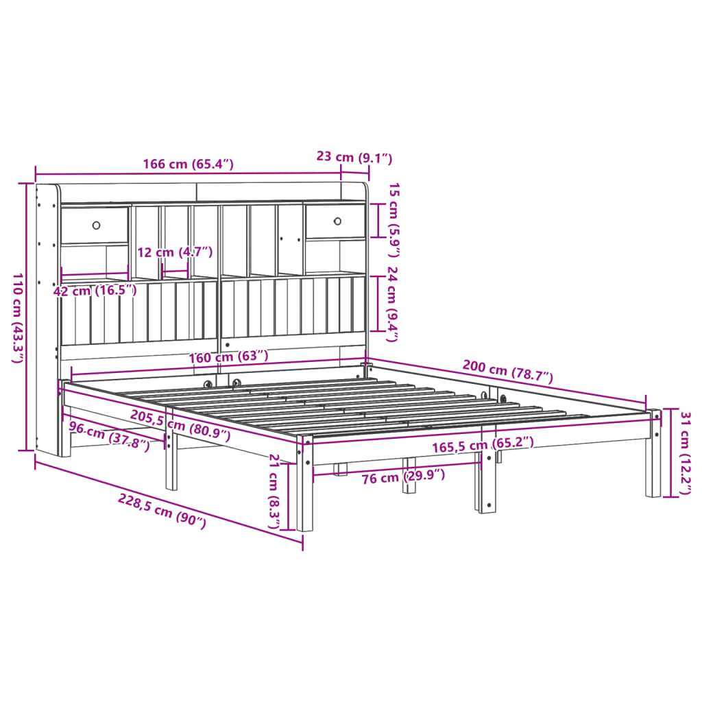 Bookcase Bed without Mattress White 160x200 cm Solid Wood Pine