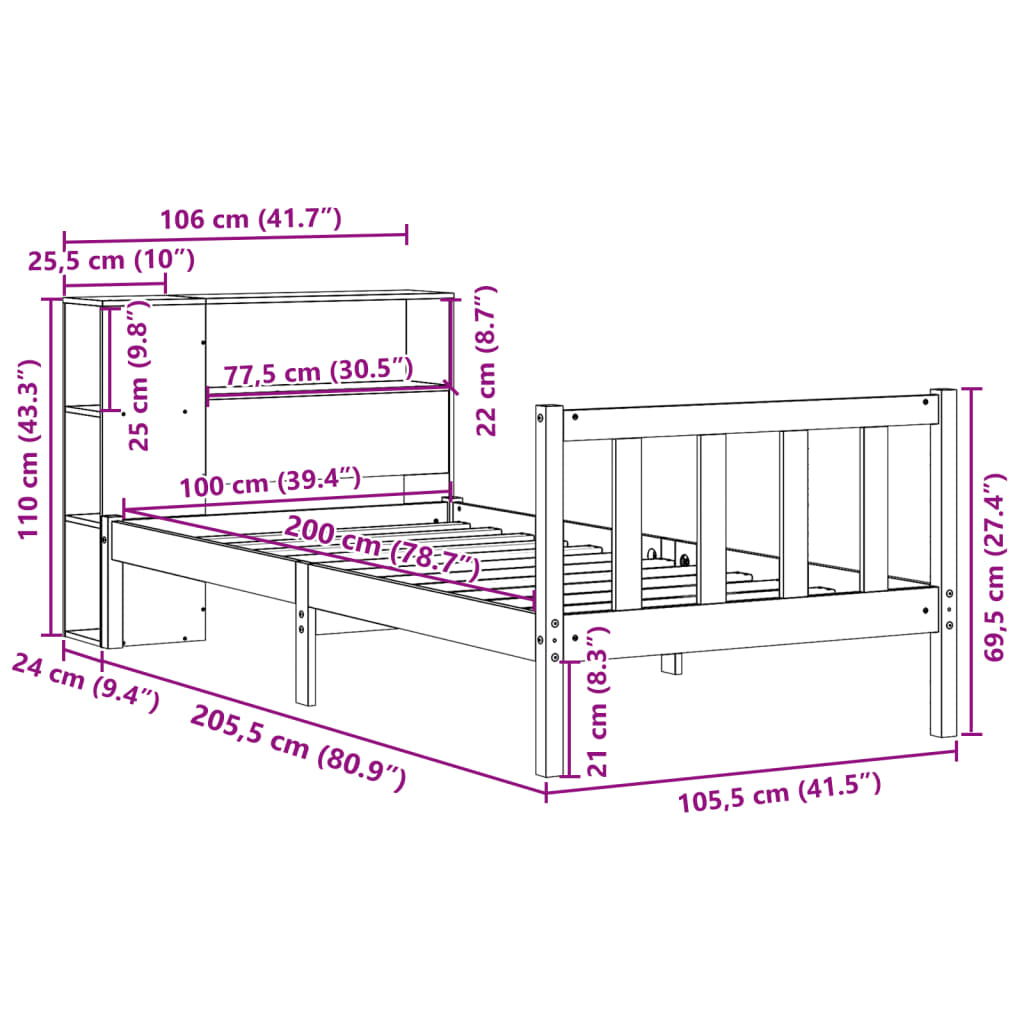 Bookcase Bed without Mattress White 100x200 cm Solid Wood Pine