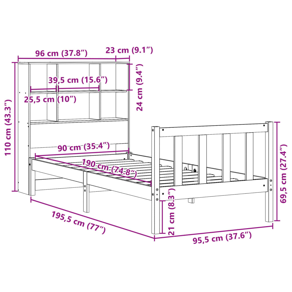 Bookcase Bed without Mattress Wax Brown 90x190 cm Single Solid Wood Pine