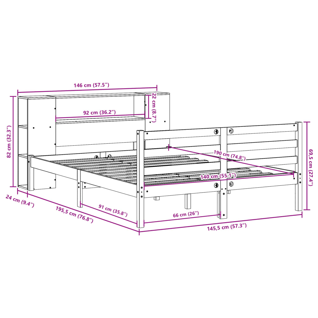 Bookcase Bed without Mattress White 140x190 cm Solid Wood Pine
