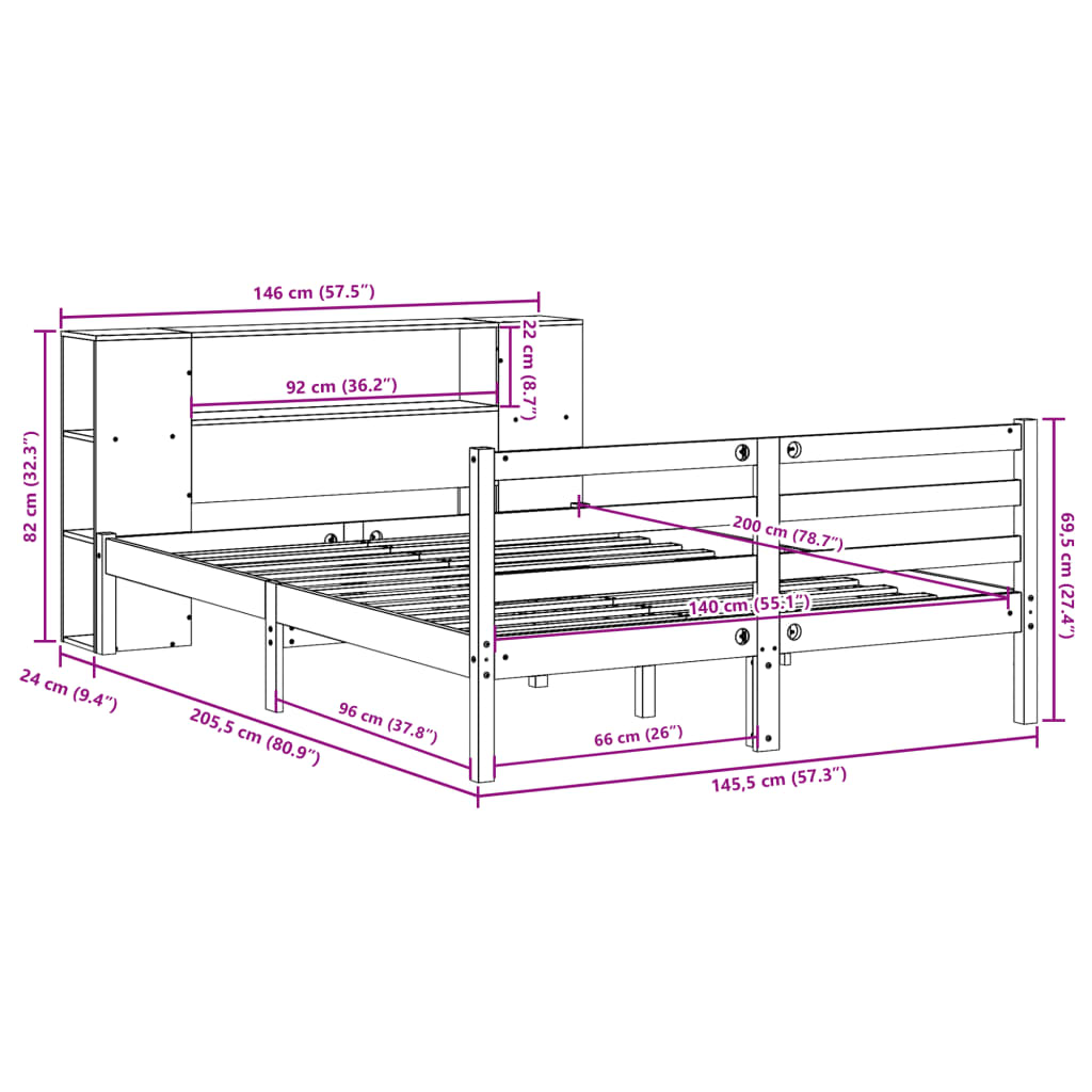 Bookcase Bed without Mattress White 140x200 cm Solid Wood Pine