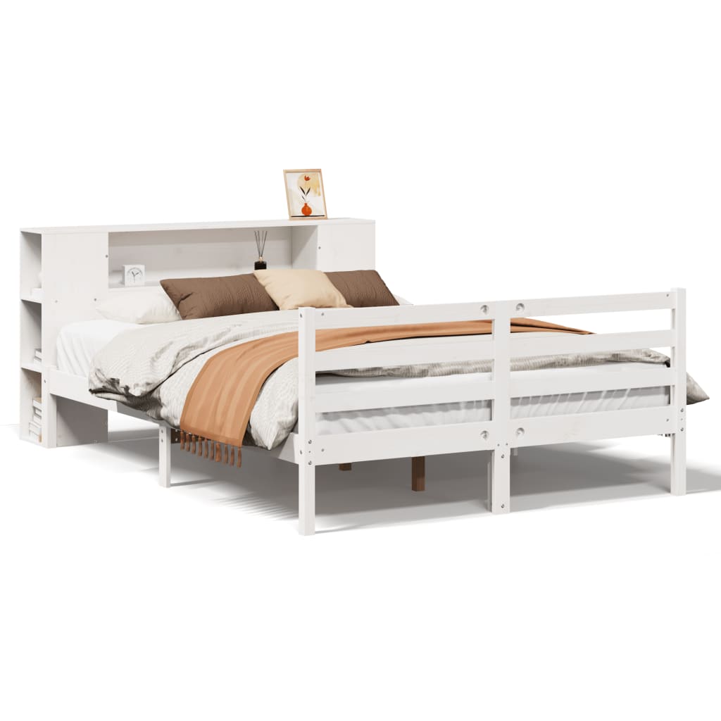 Bookcase Bed without Mattress White 150x200 cm King Size Solid Wood Pine