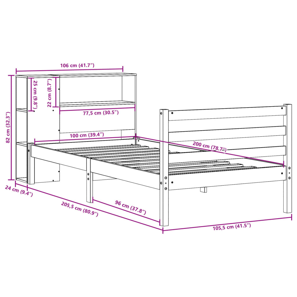 Bookcase Bed without Mattress White 100x200 cm Solid Wood Pine