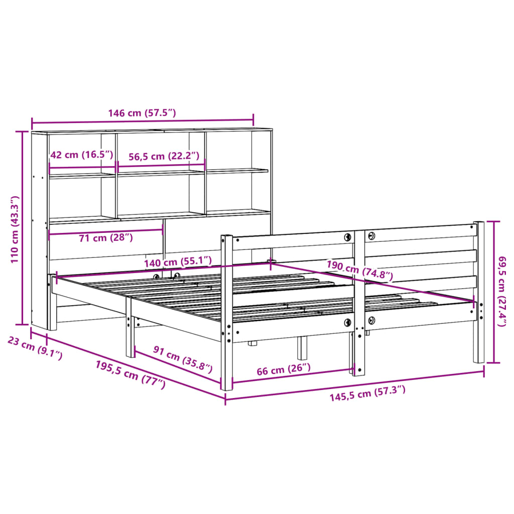 Bookcase Bed without Mattress White 140x190 cm Solid Wood Pine