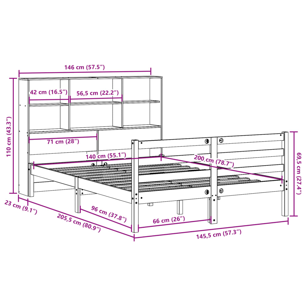 Bookcase Bed without Mattress White 140x200 cm Solid Wood Pine