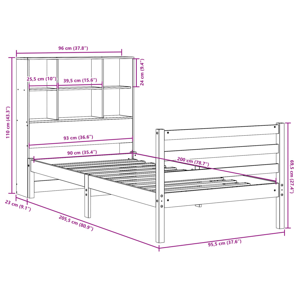 Bookcase Bed without Mattress Wax Brown 90x200 cm Solid Wood