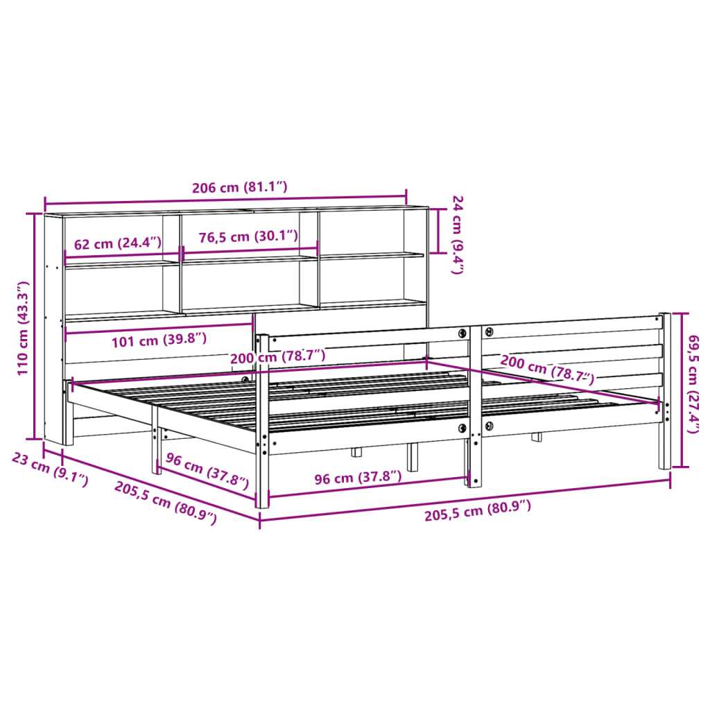 Bookcase Bed without Mattress Wax Brown 200x200 cm Solid Wood