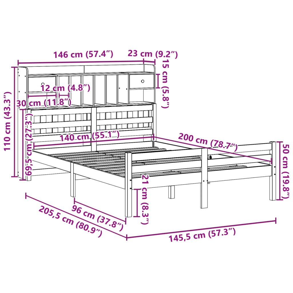 Bookcase Bed without Mattress White 140x200cm Solid Wood Pine