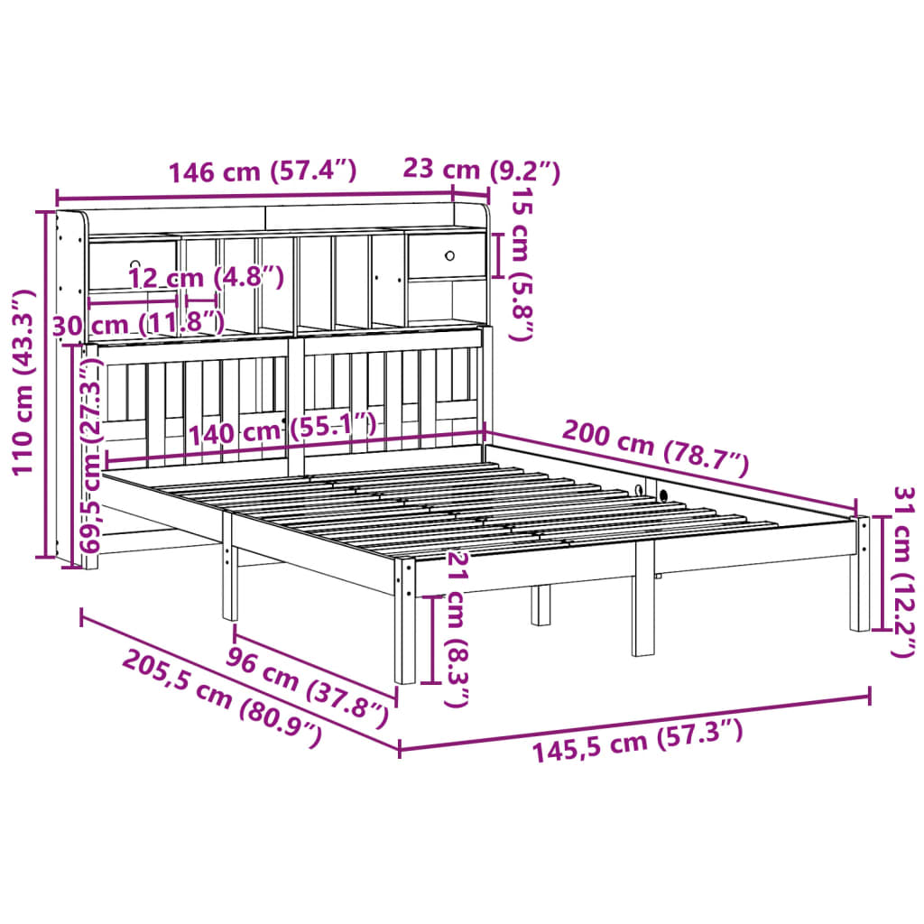 Bookcase Bed without Mattress White 140x200 cm Solid Wood Pine