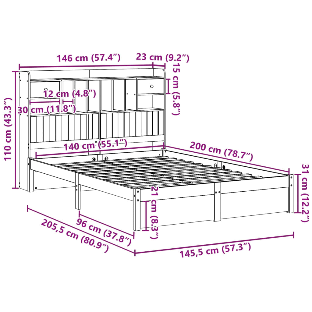 Bookcase Bed without Mattress White 140x200cm Solid Wood Pine