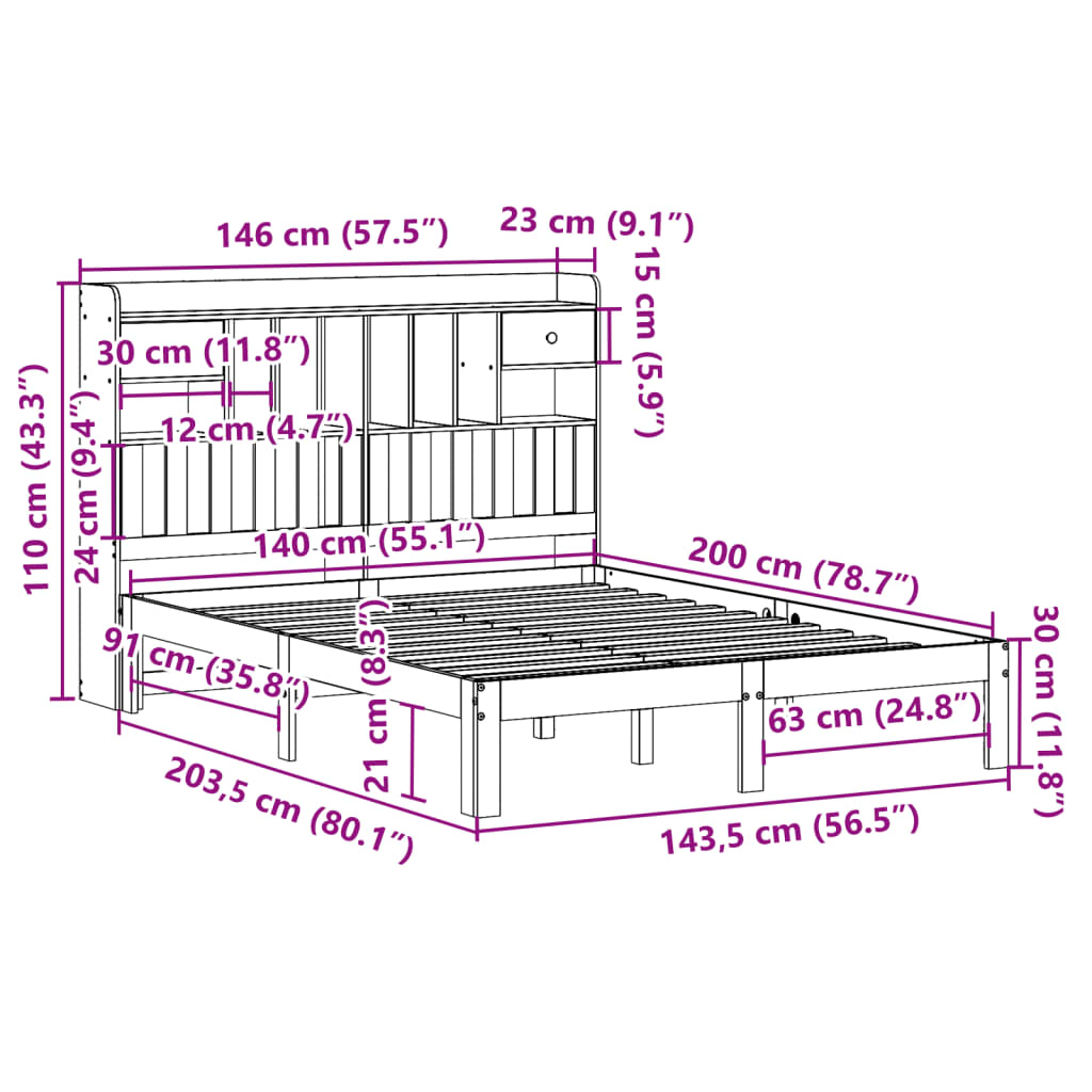 Bookcase Bed without Mattress White 140x200cm Solid Wood Pine