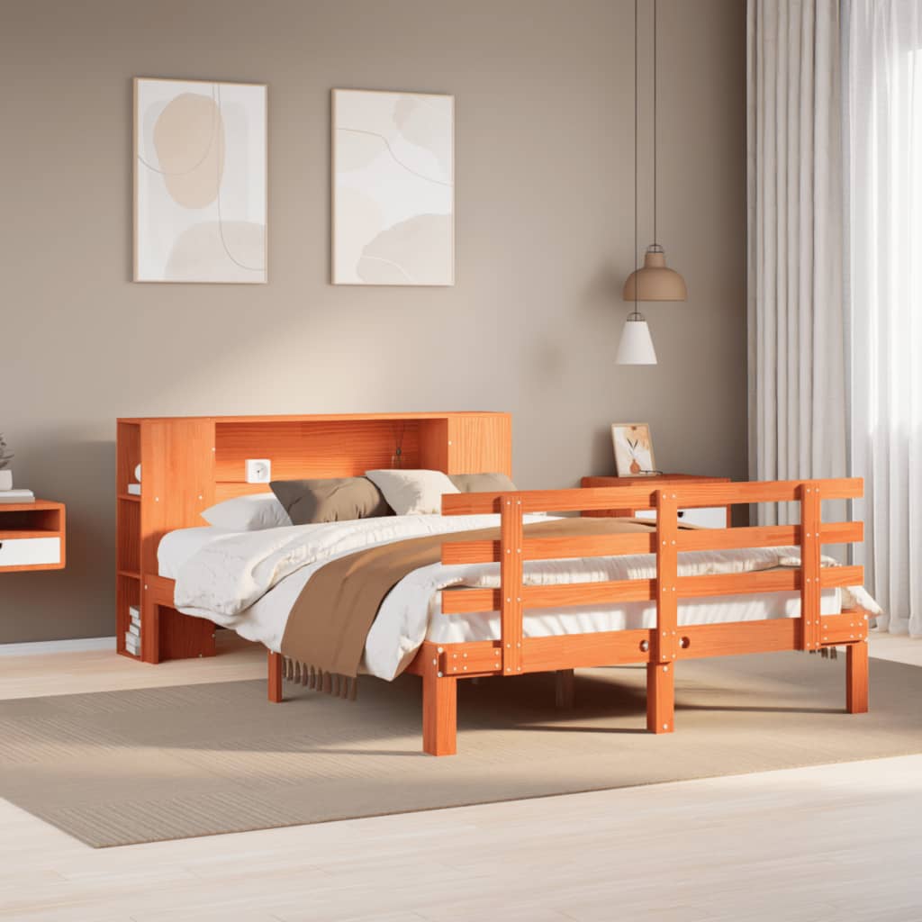 Bookcase Bed without Mattress Wax Brown 150x200 cm King Size Solid Wood Pine