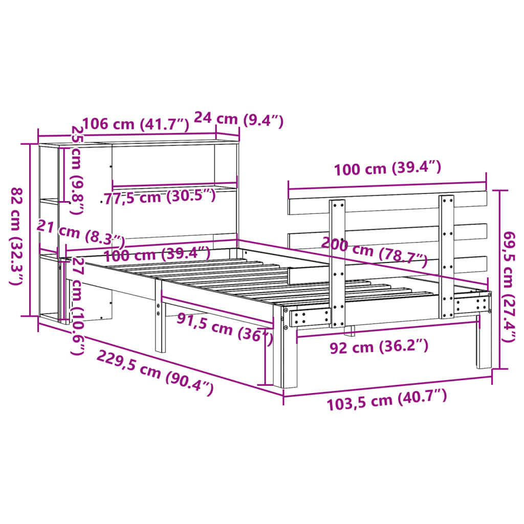 Bookcase Bed without Mattress White 100x200cm Solid Wood Pine