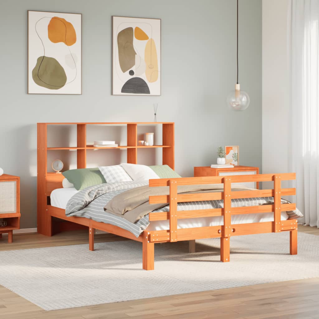 Bookcase Bed without Mattress Wax Brown 150x200 cm King Size Solid Wood Pine