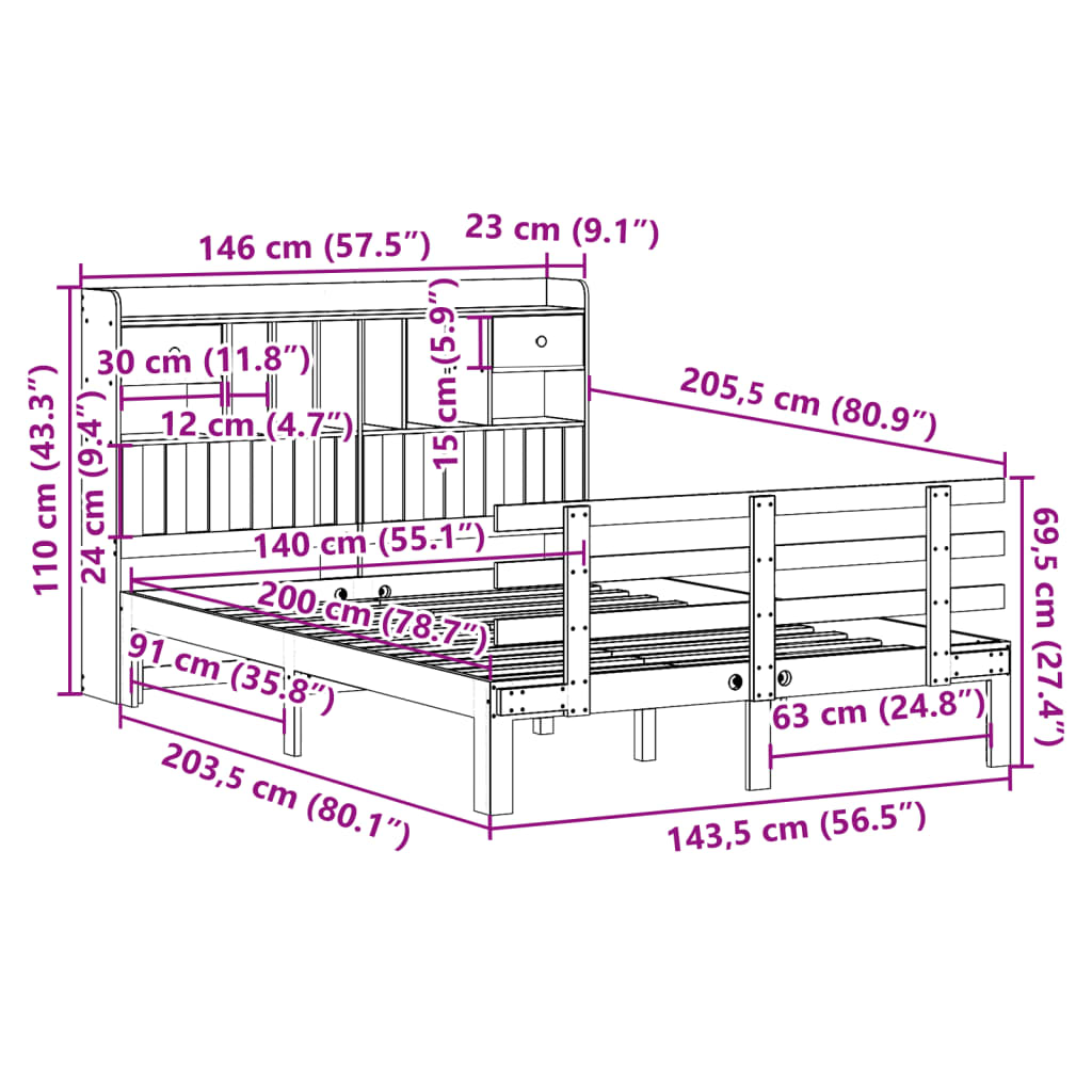 Bookcase Bed without Mattress White 140x200 cm Solid Wood Pine