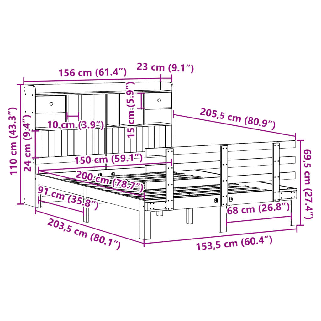 Bookcase Bed without Mattress White 150x200 cm King Solid Wood Pine