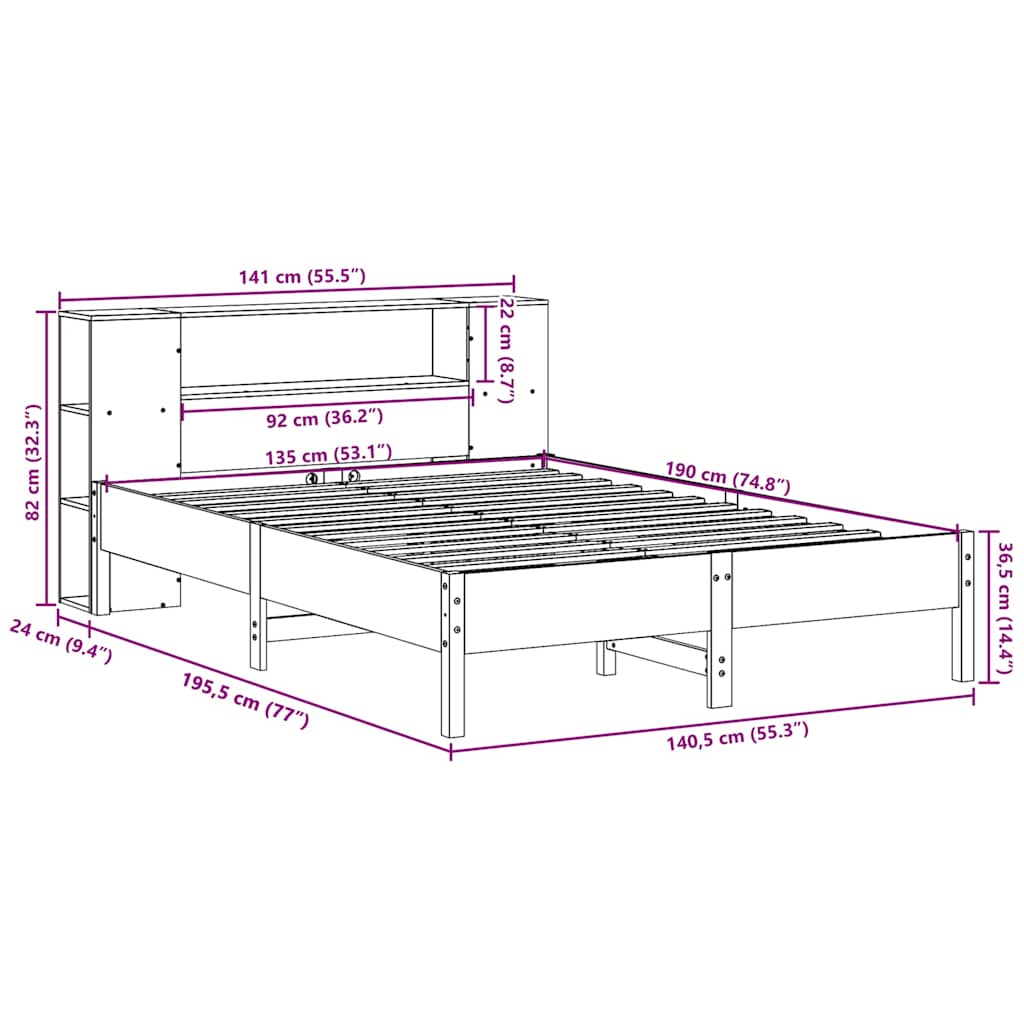 Bookcase Bed without Mattress White 135x190 cm Double Solid Wood Pine