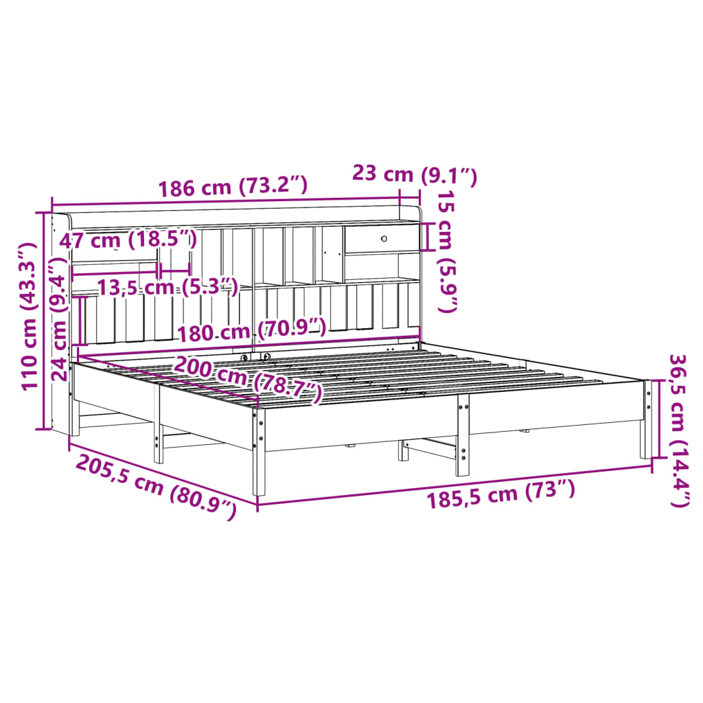 Bookcase Bed without Mattress Wax Brown 180x200 cm Super King Solid Wood Pine