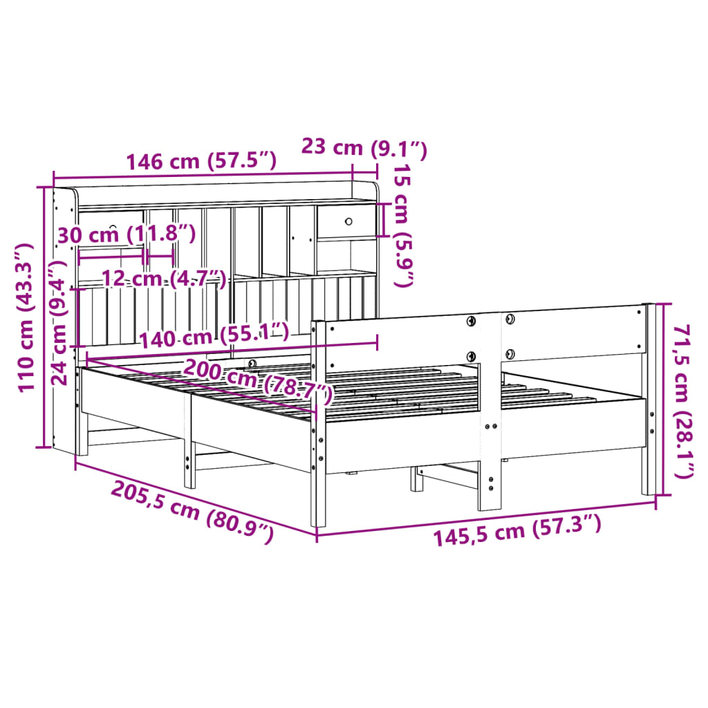Bookcase Bed without Mattress White 140x200cm Solid Wood Pine