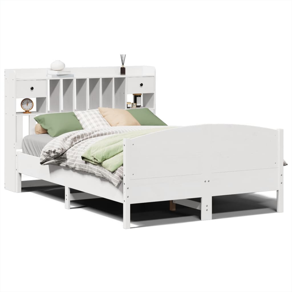 Bookcase Bed without Mattress White 150x200 cm King Size Solid Wood Pine