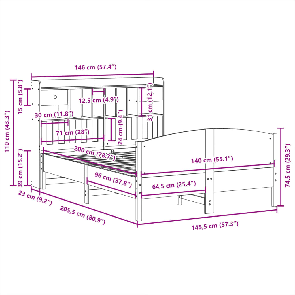 Bookcase Bed without Mattress White 140x200cm Solid Wood Pine