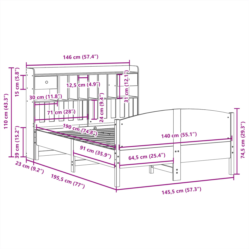 Bookcase Bed without Mattress White 140x190cm Solid Wood Pine