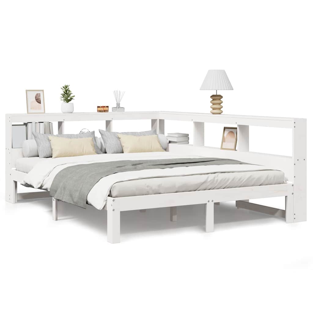Bookcase Bed without Mattress White 150x200 cm King Size Solid Wood Pine