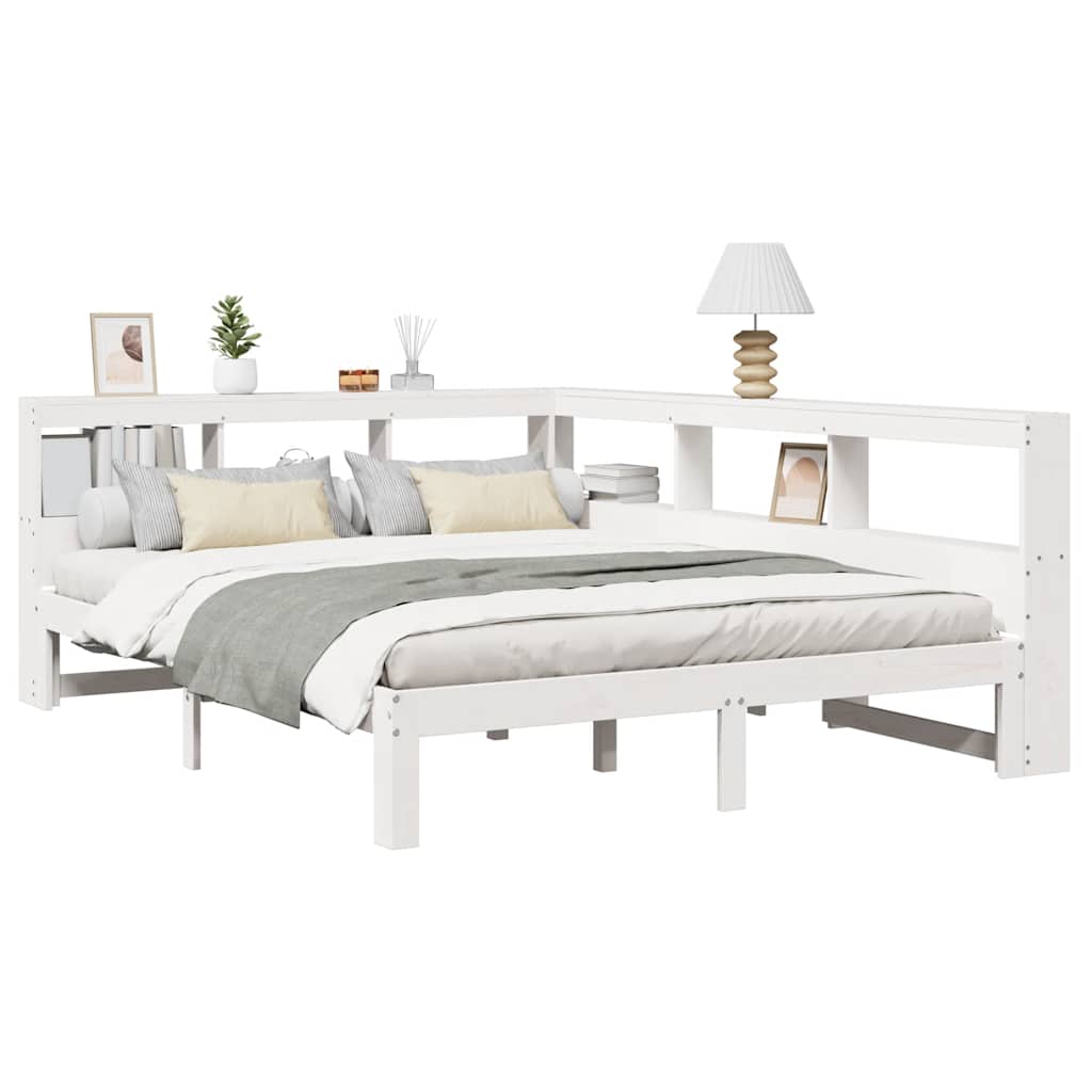 Bookcase Bed without Mattress White 150x200 cm King Size Solid Wood Pine