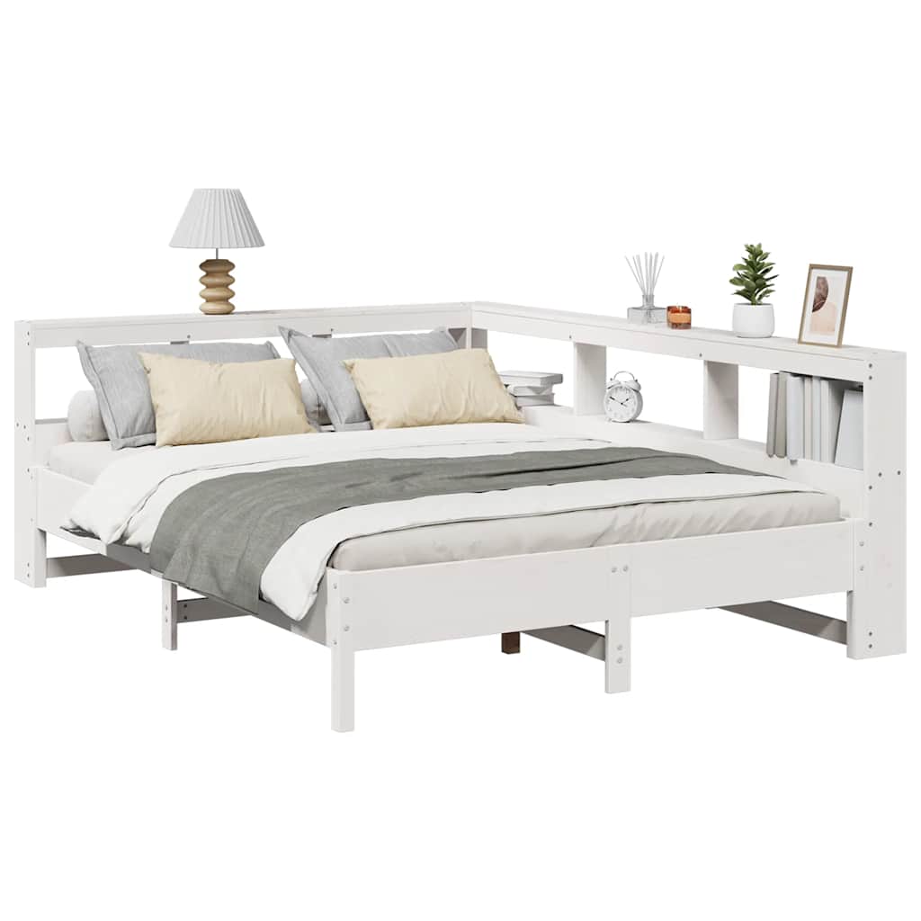 Bookcase Bed without Mattress White 150x200 cm King Size Solid Wood Pine